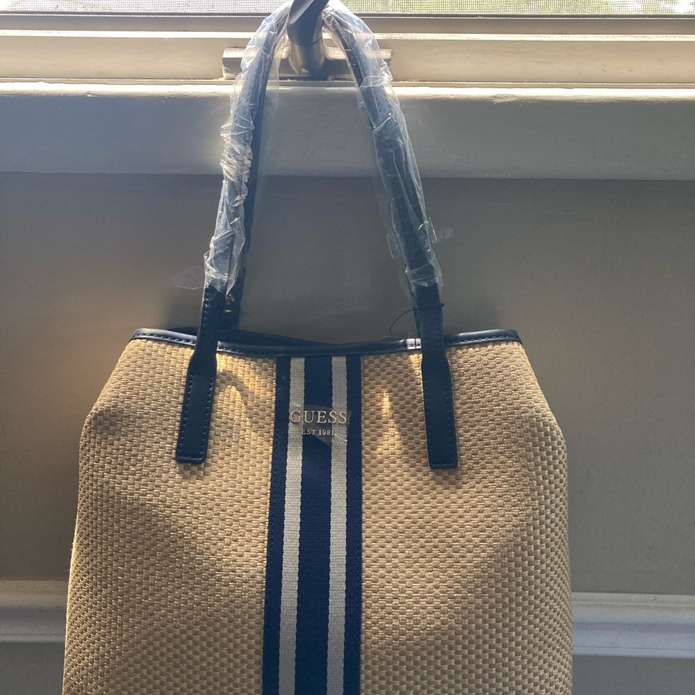 Guess Woven Tote with Navy and Cream Stripes NWT